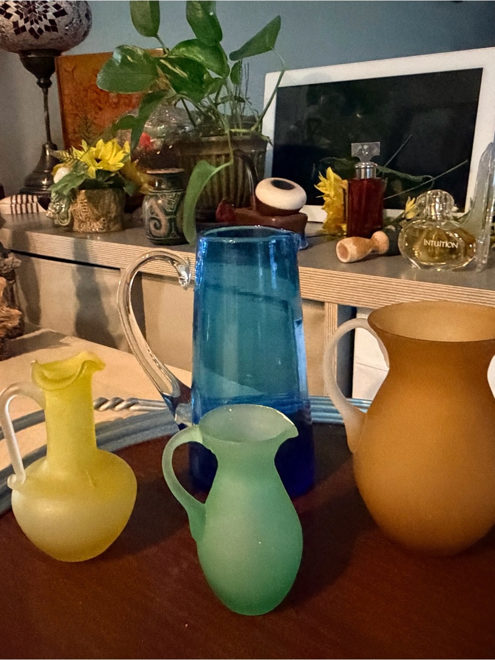 Pilgrim Green, Yellow and Brown Glass Pitcher Vintage Collection with hand blue